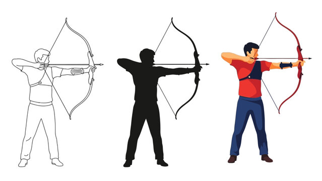 Collection of three distinct artistic representations showcasing an archer drawing back a recurve bow ready to release an arrow towards a target