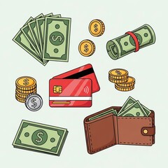 Cash Money Wallet Credit Card Coins Illustration in Flat Style