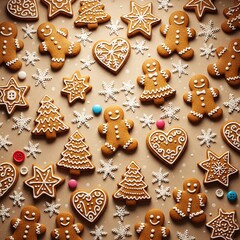 Decorative Gingerbread Cookies with Snowflakes and Colorful Candy on Brown Background