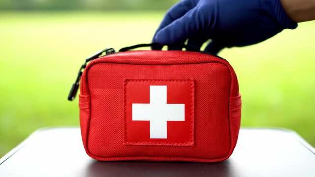 First Aid Kit - Close up shot of a red first aid kit being held. It features a white cross emblem on a red patch.