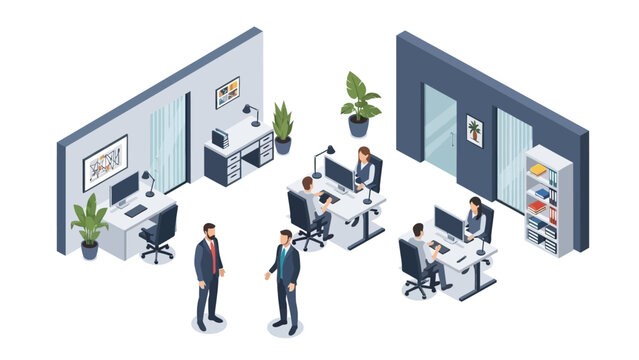 Modern office environment with professionals working collaboratively at desks, surrounded by plants and technology from an isometric viewpoint