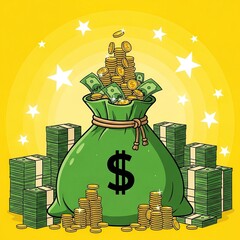 Large Green Money Bag Filled with Coins and Cash Surrounded by Stacks of Bills in Bright Yellow Background