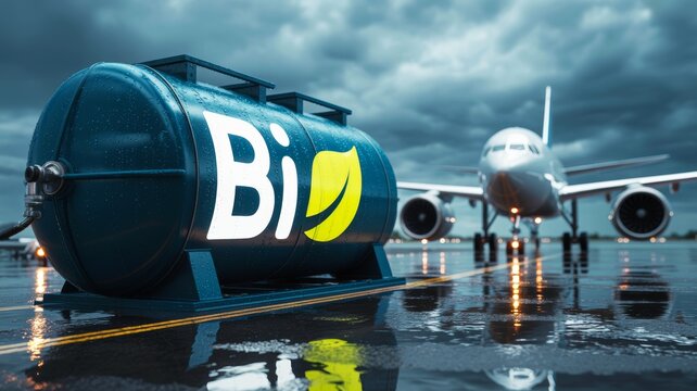 A fuel tank with a "Bi" label stands on a wet runway, with a commercial airplane in the background under a cloudy sky.