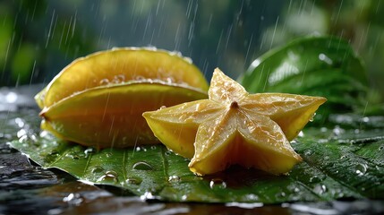 Fresh Sliced Star Fruit on Green Leaf in Tropical Rain