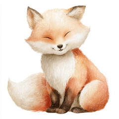 Obraz premium Cute watercolor red fox sitting and smiling, painted in a soft hand-painted style, isolated on white background.