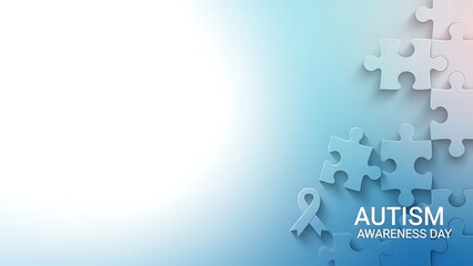 A collection of puzzle pieces forming together with Autism Awareness Day text on a blue gradient background from a top viewpoint