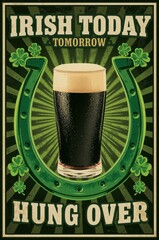 Irish Stout Beer Glass Horseshoe Shamrocks "Irish Today Hung Over" Poster