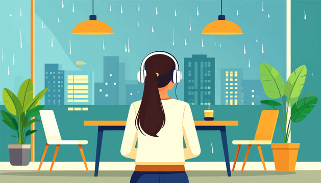Woman with headphones listens to music indoors while watching rain fall outside a city window