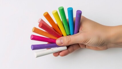 Naklejka premium Hand holding colorful chalks isolated on white background, close-up.