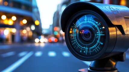 A close-up of a high-tech surveillance camera with digital elements, set against a blurred city street backdrop.