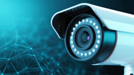 A modern security camera with a sleek design, showcasing advanced technology and a vibrant blue background with a network of connected lines.