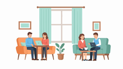 Two couples in separate living spaces collaborate using laptops and enjoy beverages