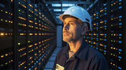 A technician in a hard hat inspects a server room filled with illuminated data storage units.