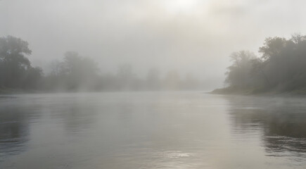 Atmospheric foggy river landscape at sunrise with mist rising from calm water and silhouette trees in background morning nature scene