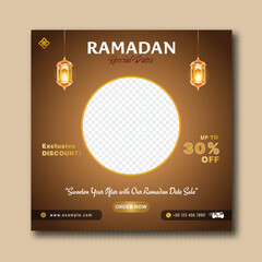 Ramadan Special Dates Sale Poster Template with Thirty Percent Discount Offer, Hanging Lantern on Golden Background and Image Placeholder.
