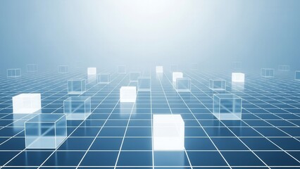 Abstract Digital Grid with Glowing Cubes, Futuristic Blue Background, Technology Concept