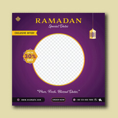 Ramadan Special Dates Sale Poster Template with Thirty Percent Discount Offer, Hanging Lantern on Purple Background and Image Placeholder.