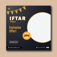 Ramadan Iftar Feast Exclusive Sale Template with Twenty Percent Discount Offer and Bunting Flag Decoration on Black Background and Image Placeholder.