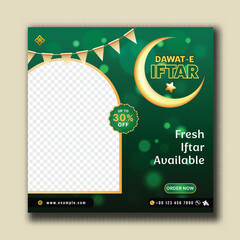 Dawat-E-Iftar Ramadan Sale Template with Thirty Percent Discount Offer, Crescent Moon and Star, Bunting Flag Decoration on Green Bokeh Background and Image Placeholder.