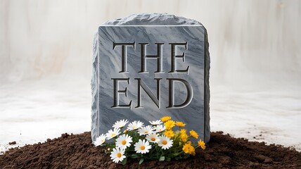 The end concept gravestone with flowers and soil
