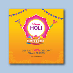 Happy Holi Sale Festival Poster Design with Sixty Percent Discount Offer, Colors (Gulal), Pichkari (Water Gun) and Festive Decorations Bunting Flag on Yellow Background.