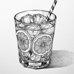 Black and White Drawing of Citrus Fruit and Ice Cubes in a Glass with Striped Straw
