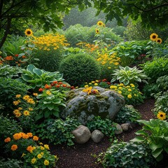 Lush Garden Filled with Bright Sunflowers and Colorful Flowers in Natural Light