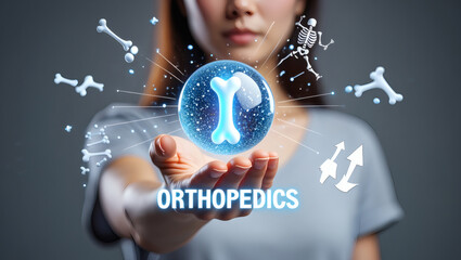 Doctor presenting glowing digital bone health and orthopedics concept with floating skeletal elements and upward trending arrow icon