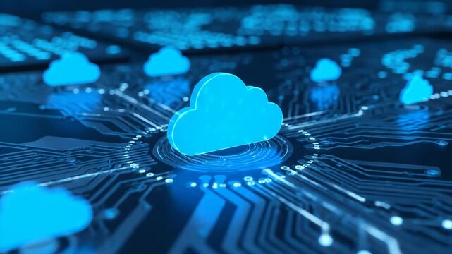 Cloud Computing Technology - A blue circuit board with glowing lines is shown, with several clouds hovering above it. The main cloud is in focus, centrally located on a chip of the board.