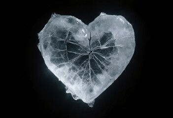 Cracked ice heart floating, minimal dark background, frozen texture, intense emotions, fragile love