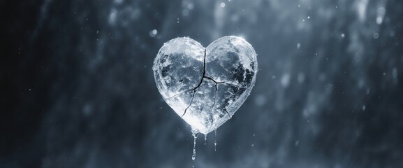 Cracked ice heart floating, minimal dark background, frozen texture, intense emotions, fragile love