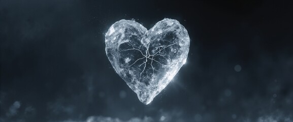 Cracked ice heart floating, minimal dark background, frozen texture, intense emotions, fragile love