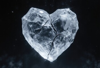 Cracked ice heart floating, minimal dark background, frozen texture, intense emotions, fragile love
