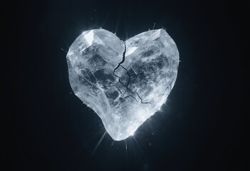 Cracked ice heart floating, minimal dark background, frozen texture, intense emotions, fragile love