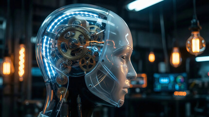 Advanced artificial intelligence concept with a transparent android head showing glowing mechanical gears and circuitry