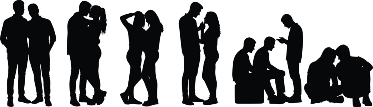Couples and people relationship silhouette set showing romance dating communication conflict and social interaction scenes