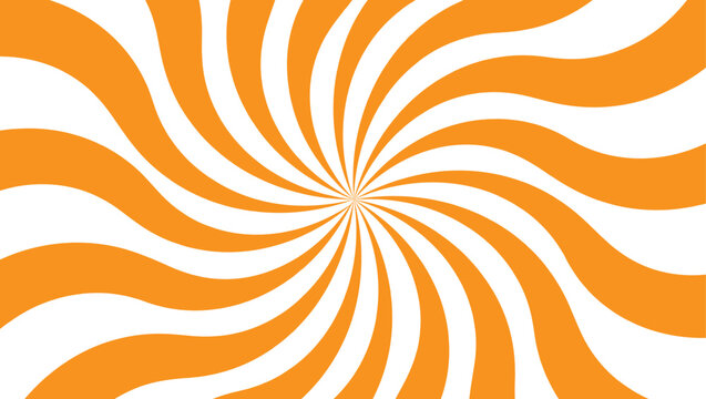 Seamless vector illustration of an abstract orange background with a retro sun burst pattern featuring yellow rays, spiral swirls, and zebra stripes for a creative summer wallpaper design