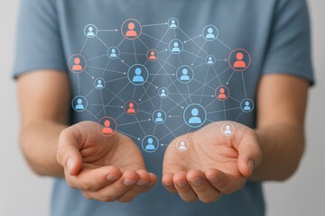 Digital network of connected people icons supported by hands illustrating social media communication and human connection concept on blue background. Ai generative