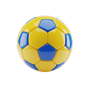 3d rendered soccer ball with blue and yellow panels isolated on transparent background