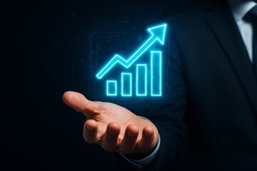 Businessman holding glowing digital growth chart icon showing positive financial increase and success concept on dark background. Ai generative