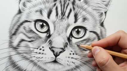 Artist hand drawing realistic cat portrait with pencil, detailed fur texture, close-up