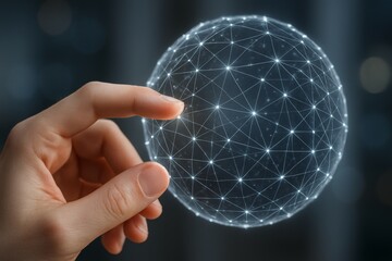 Human hand interacting with glowing digital sphere made of connected nodes and lines, concept of global communication and network technology system. Ai generative