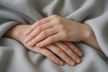 Close-up of gently folded female hands resting on soft gray fabric conveying calmness and warmth in a peaceful and serene atmosphere. Ai generative. Ai generative