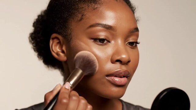 Young woman applying makeup with a brush to her cheekbone, soft light