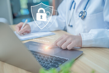 Doctor working on laptop with digital security shield and login interface overlay, healthcare data protection concept, medical cybersecurity, privacy and secure health information with space for text.