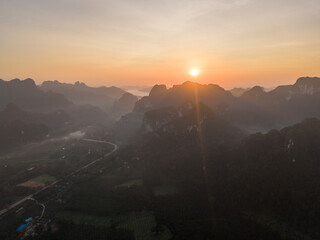 Stunning sunset over the majestic mountains of Khao Sok Thailand