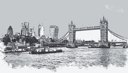 Obraz premium A grayscale illustration of a city waterfront featuring a prominent bridge and skyline