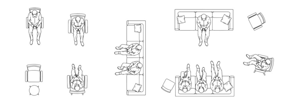 Professional Architectural Top View Sitting People CAD Drawings - Scale Figures for Chairs Benches and Sofas in Floor Plans