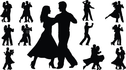 Obraz premium Romantic couple dancing silhouettes collection featuring ballroom tango salsa waltz partners elegant dance poses illustration