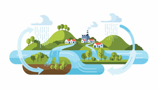 A colorful illustration of a village on green hills surrounded by a winding river, with rain showers and clouds in the background, depicting a water cycle process in a stylized graphic.